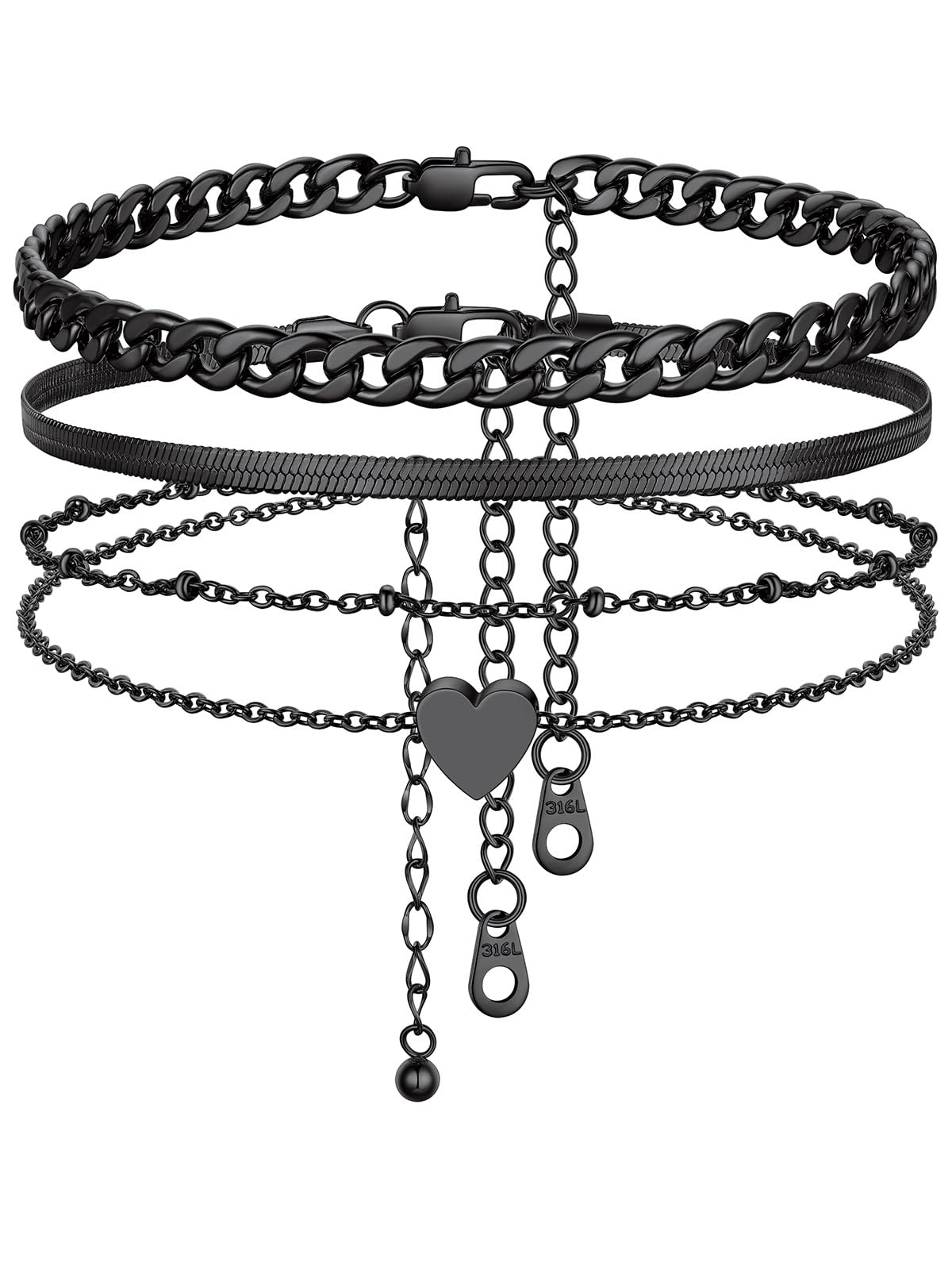 FindChic Cuban Link Anklets for Women Black Ankle Bracelets Waterproof Herringbone Chain Layered Foot Jewelry