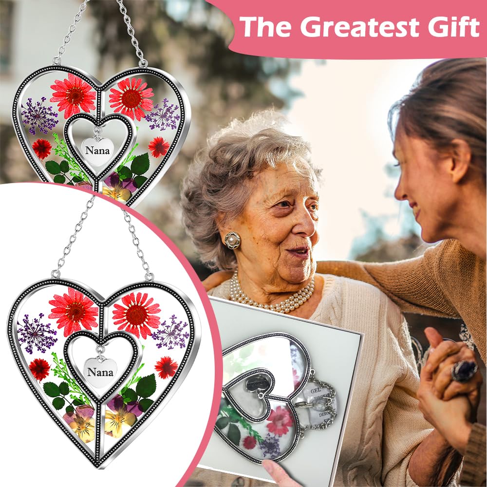 KY&BOSAM Nana Gifts Heart Suncatchers Pressed Flower Glass Window Hanging