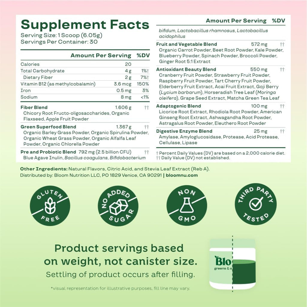 Bloom Nutrition Greens and Superfoods Powder for Digestive Health, Greens Powder, Digestive Enzymes, Probiotics, Spirulina, Chlorella for Bloating & Gut Support, Green Juice, 30 SVG, Strawberry Kiwi