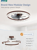 LEDIARY 20" Modern Ceiling Fans with Lights and Remote, Dimmable Low Profile Ceiling Fan, Flush Mount Ceiling Fan, Stepless Color Temperature Change and 6 Speeds - Brown