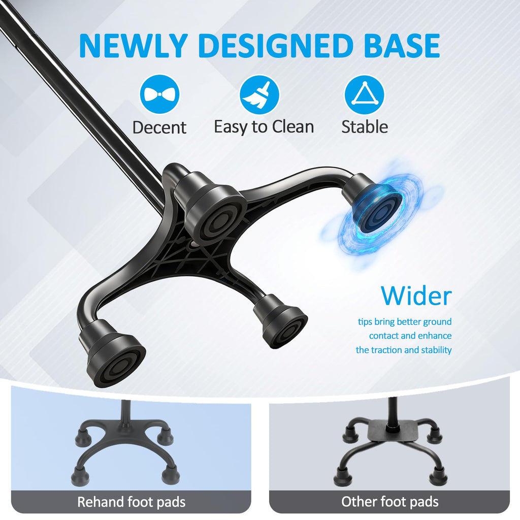 Rehand Quad Canes, Walking Cane for Men & Women with Ergonomic Handle Ever and Graceful 4-Pronged Base for Extra Stability, Foldable, Adjustable Walking Sticks for Right or Left Handed