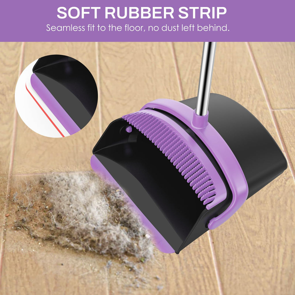 EZKEY Broom and Dustpan Set for Home, 51-in Long Adjustable Handle Angle Broom and Dustpan Combo Set with Dust Pan Teeth to Clean Hair for Home Kitchen Office Lobby Floor Garden (Black&Purple)