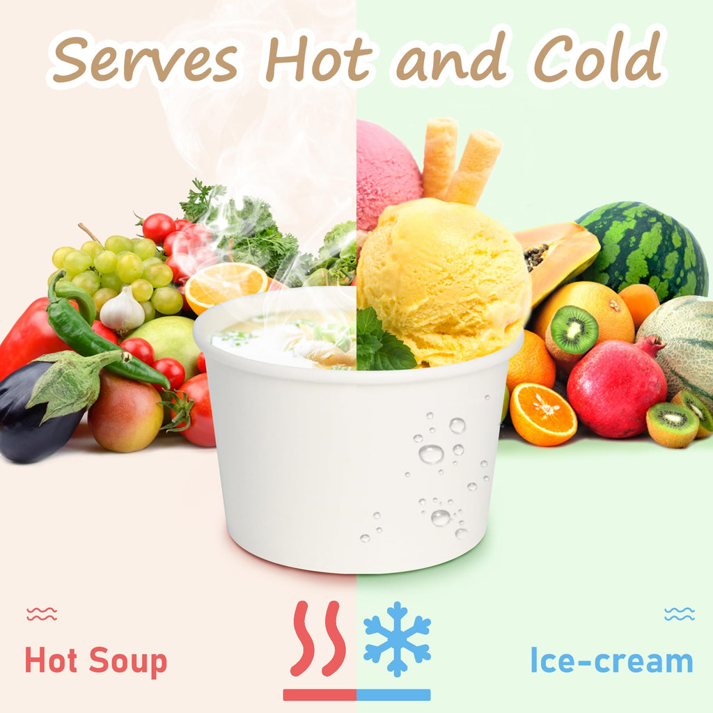 ESSENTIAL Paper Ice Cream Cups with Lids, 120pcs 8oz Disposable Dessert Bowls with Lids for Hot or Cold Food, Paper Snack Containers for Sundae, Frozen Yogurt, Soup (White)