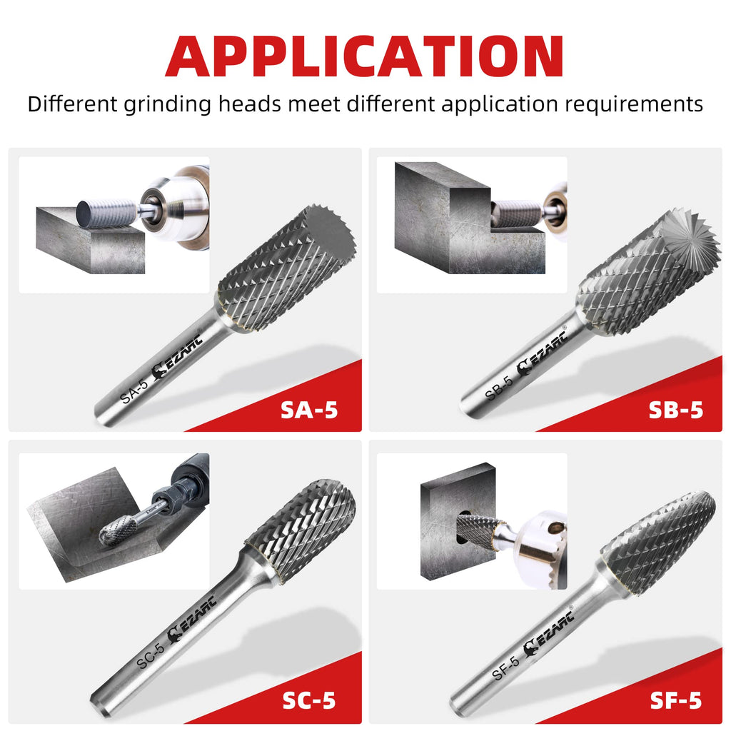 EZARC Tungsten Carbide Rotary Burr Bit, SA-5 Double Cut Carbide Burr 1/4" Shank Die Grinder Cutting Burrs Bit for Metal Working & Sturdy Storage Case