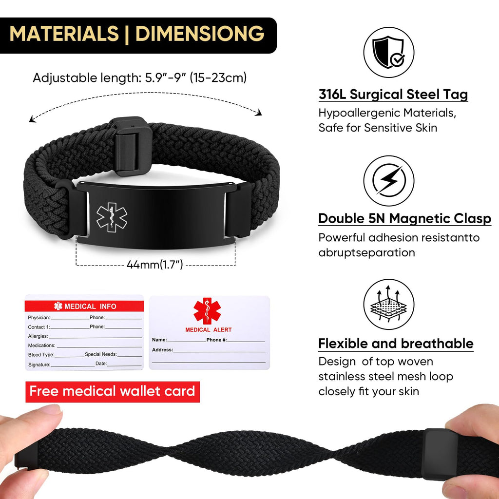 VNOX Medical Alert Id Bracelet for Men Women, Adjustable Customizable Stretchy Rope Emergency Survival Medic Bracelets Wristband Loop Band with Removeable Tag,Black
