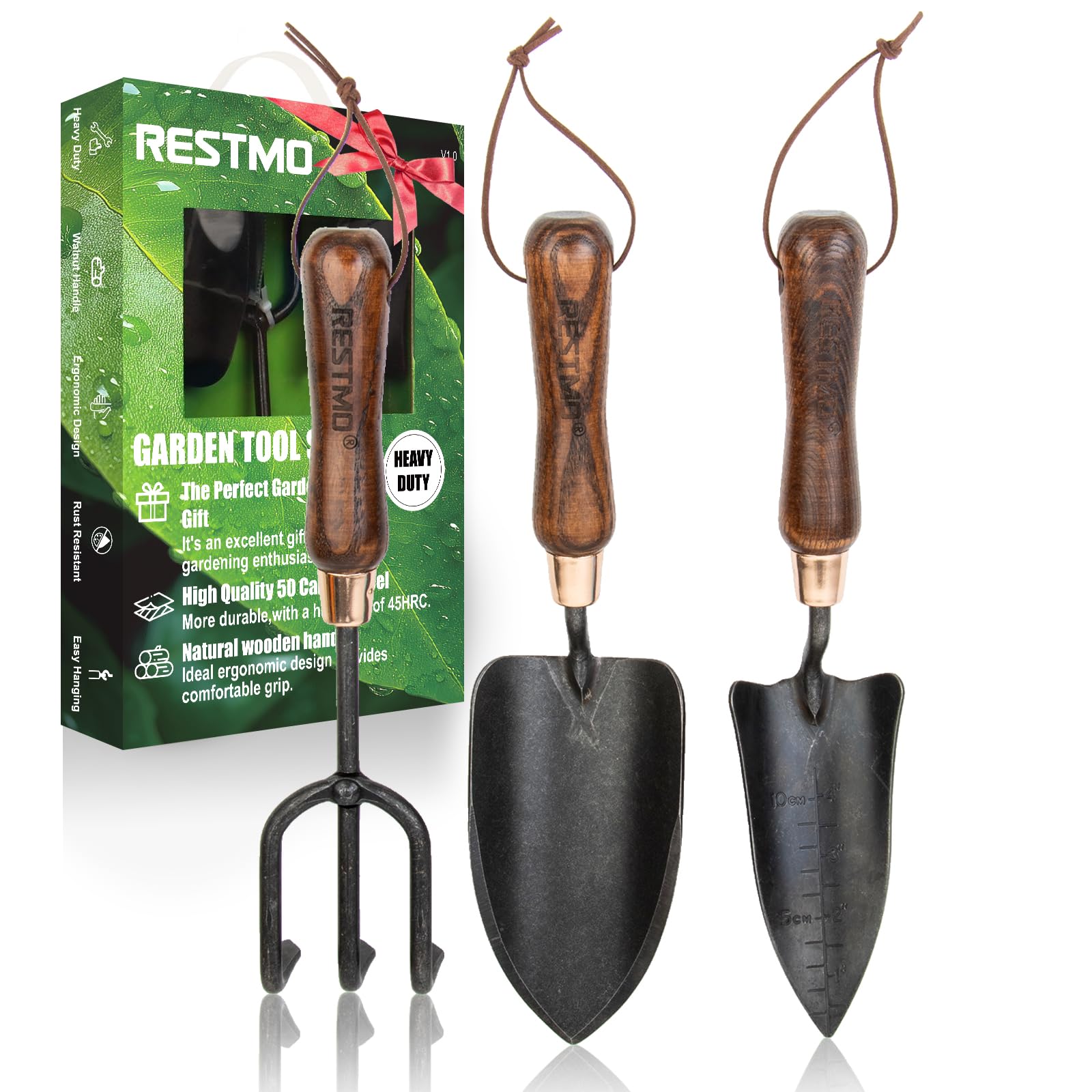 RESTMO Gardening Tools Set, 3-in-1, Carbon Steel, Wooden Handle, Brown