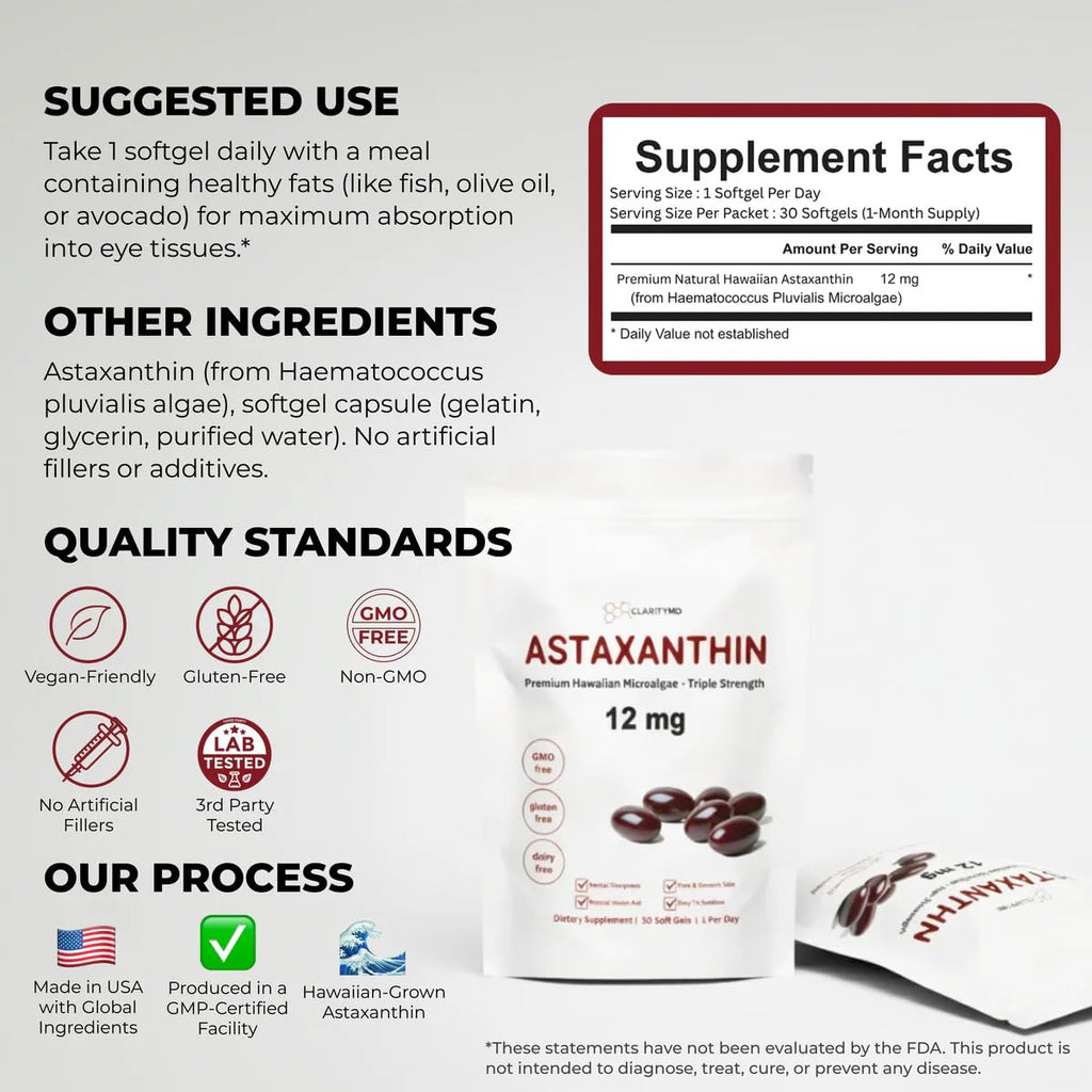 ClarityMD Astaxanthin 12mg Antioxidants Supplement – Natural Microalgae Source – Lipid-Based Softgel for Enhanced Absorption – Cognitive, Vision & Joint Support – 30 Softgels (Pack of 3)