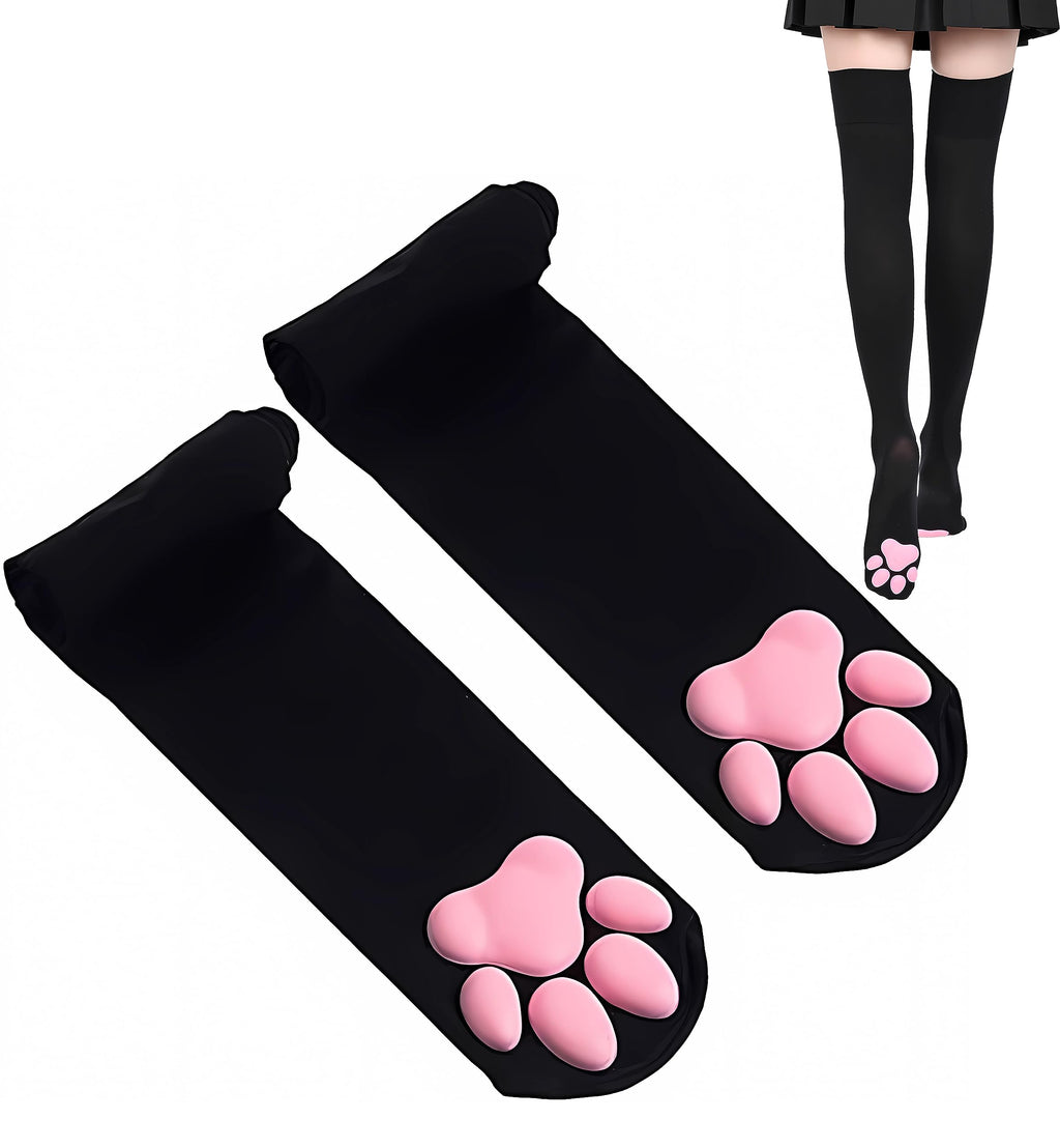 SUPTEC Cat Paw Thigh High Socks for Women, 3D Toe Beans Cat Cosplay, Black