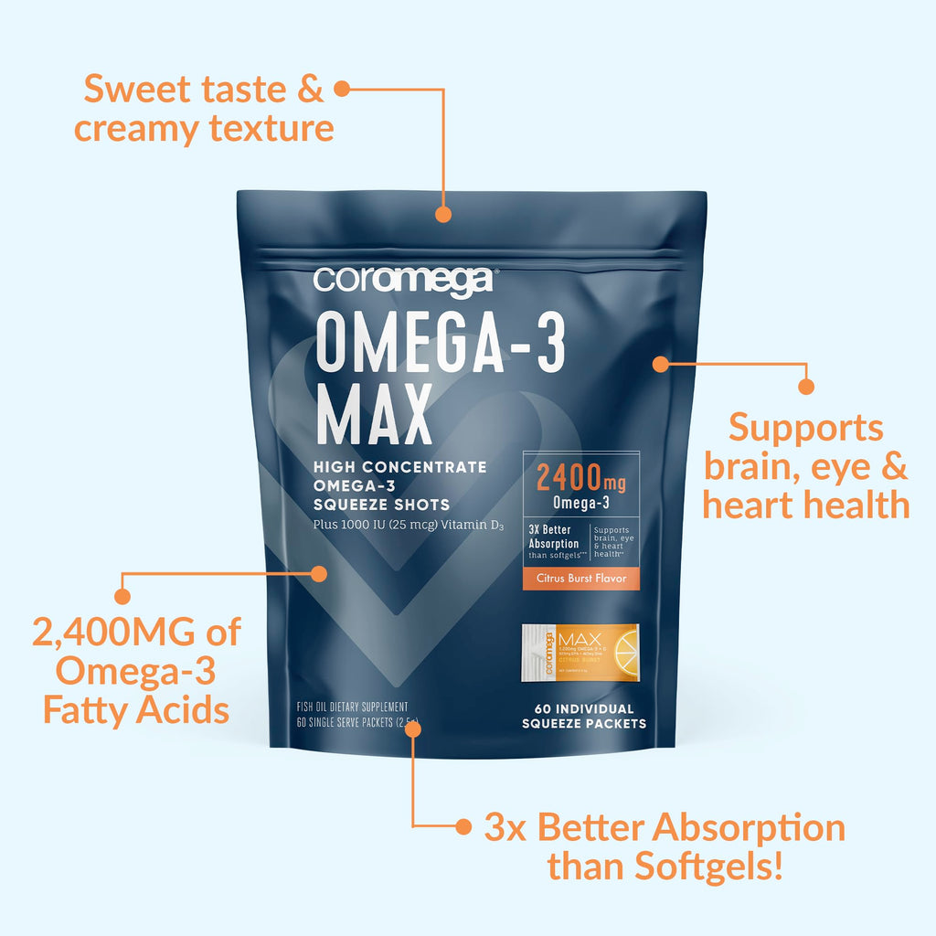 Coromega MAX 2400mg Omega-3 Fish Oil + Vitamin D Squeeze Packets, Wild-Caught, No Fishy Taste - 3X Better Absorption Than Softgels, Supports Brain & Heart Health (60 Servings, Citrus Burst)