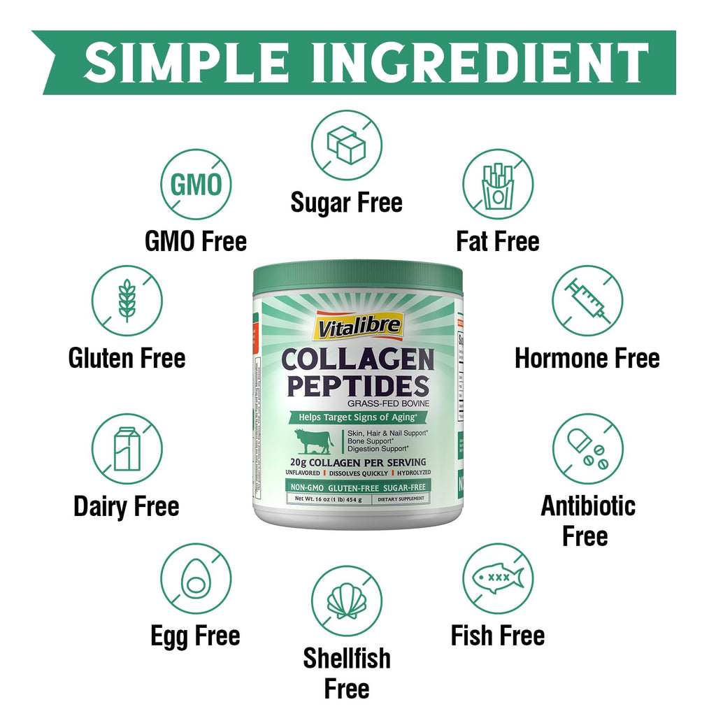 Vitalibre Bovine Collagen Peptides Powder for Women and Men, Grass-Fed Hydrolyzed Collagen Protein Type I & III, Skin, Hair, Nails, Bones, Digestion, Unflavored, Non-GMO, Keto & GF, 22 Servings, 16oz