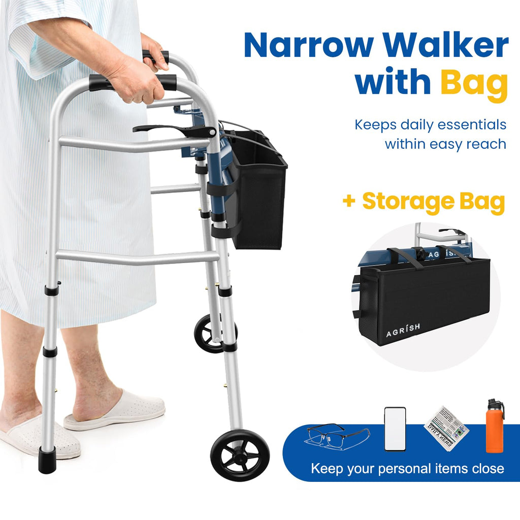 Folding Narrow Walker for Seniors – Width & Height Adjustable Walker with Bag, Lightweight Standard Walker for Elderly, Walkers for Seniors, Disabled, Bariatric
