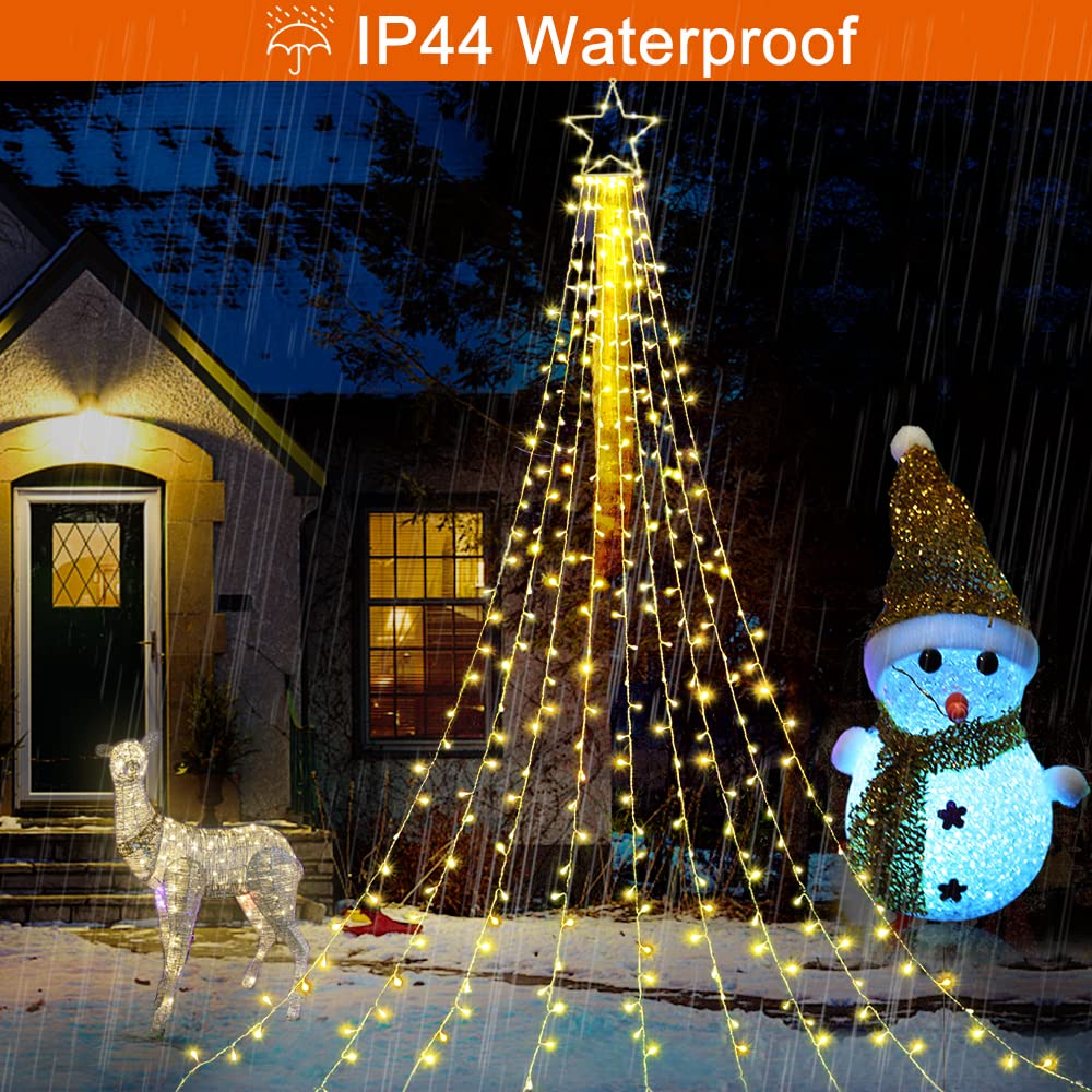 FUNIAO (New) Christmas Decoration Lights, 320 LED Waterfall Christmas Tree Lights with 12" Star Topper, 8 Modes Indoor Outdoor String Lights for Yard, Party, Home, Holiday (Warm White)