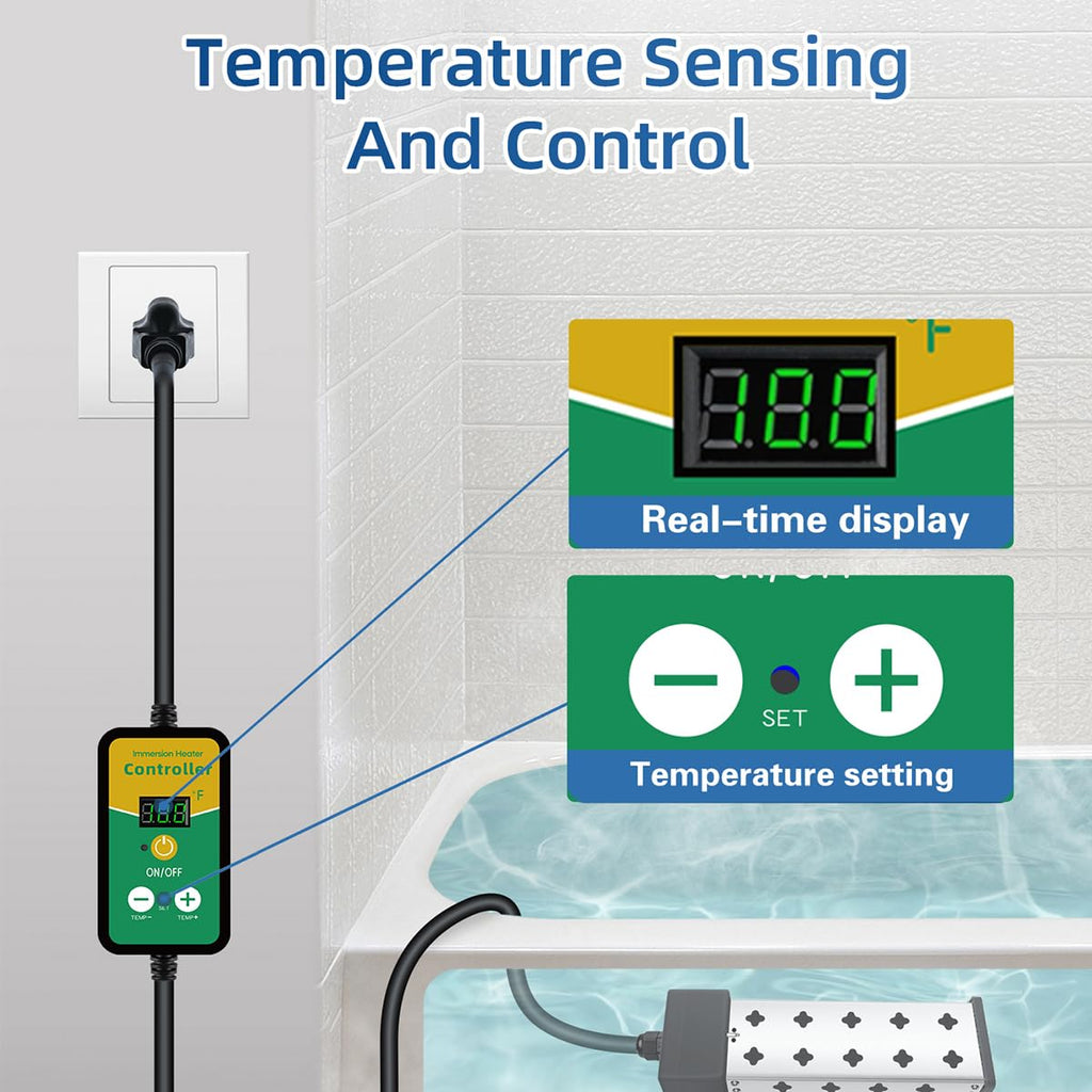 Immersion Water Heater 1800W 120V with Digital Thermostat Control, Dry Burn Protection Alarm, Real-Time Temperature Display, 14AWG Heavy-Duty Cord, Industrial Heating Tube for Buckets & Bathtubs