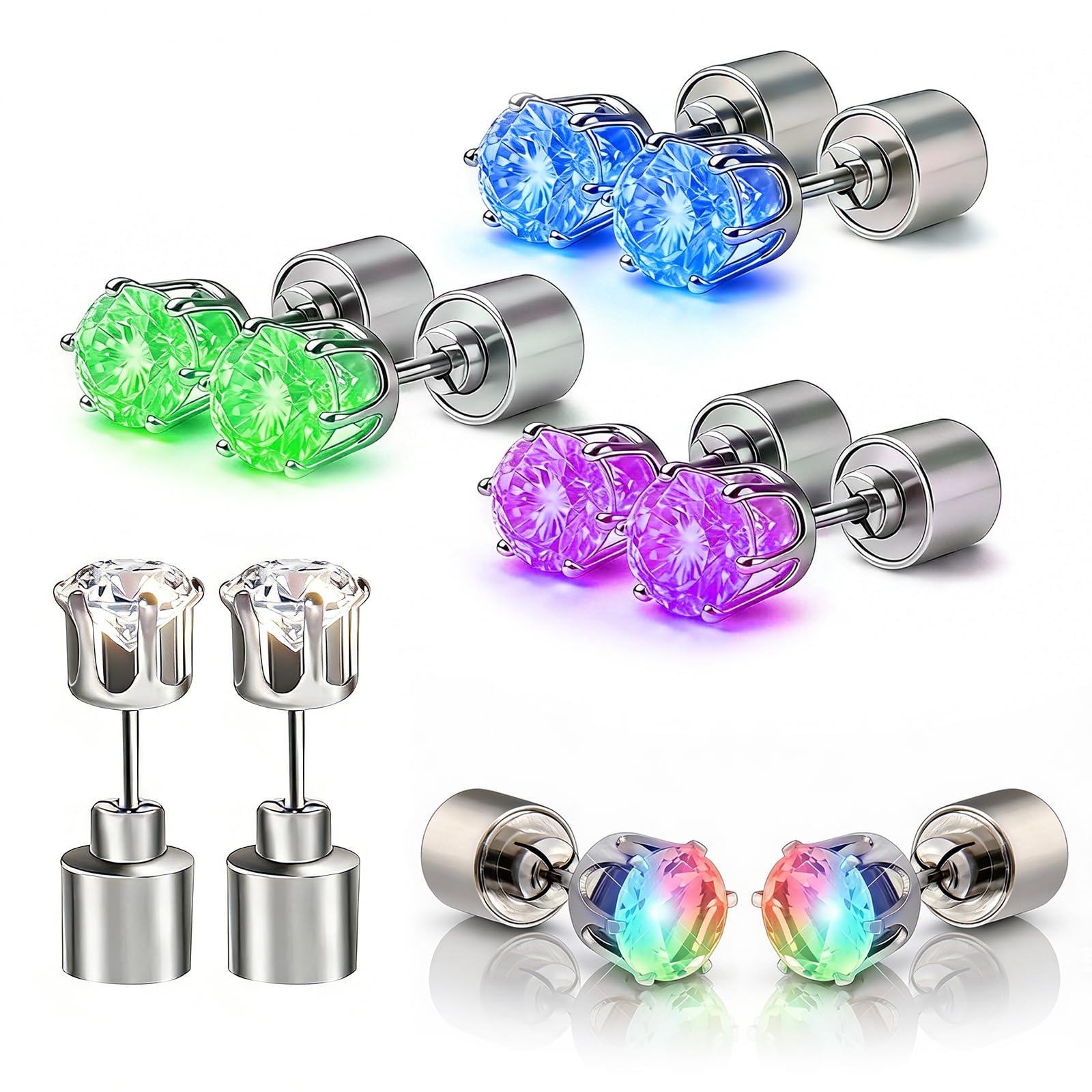 LED Light Up Earrings, LED Studs Earrings Party Flashing Blinking Stainless Steel Earring - 5 Pairs Glow Stud Earrings Halloween Christmas Gifts for Women Men Girlfriend Boyfriend, Mixed Color