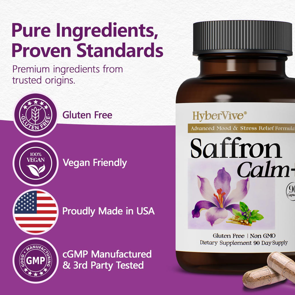 HyberVive Saffron Supplements with Ashwagandha & L-Theanine - 368.5MG - Mood Balance, Stress Relief & Mental Clarity – Cortisol Support for Women & Men, Made in USA, 90 Vegan Capsules