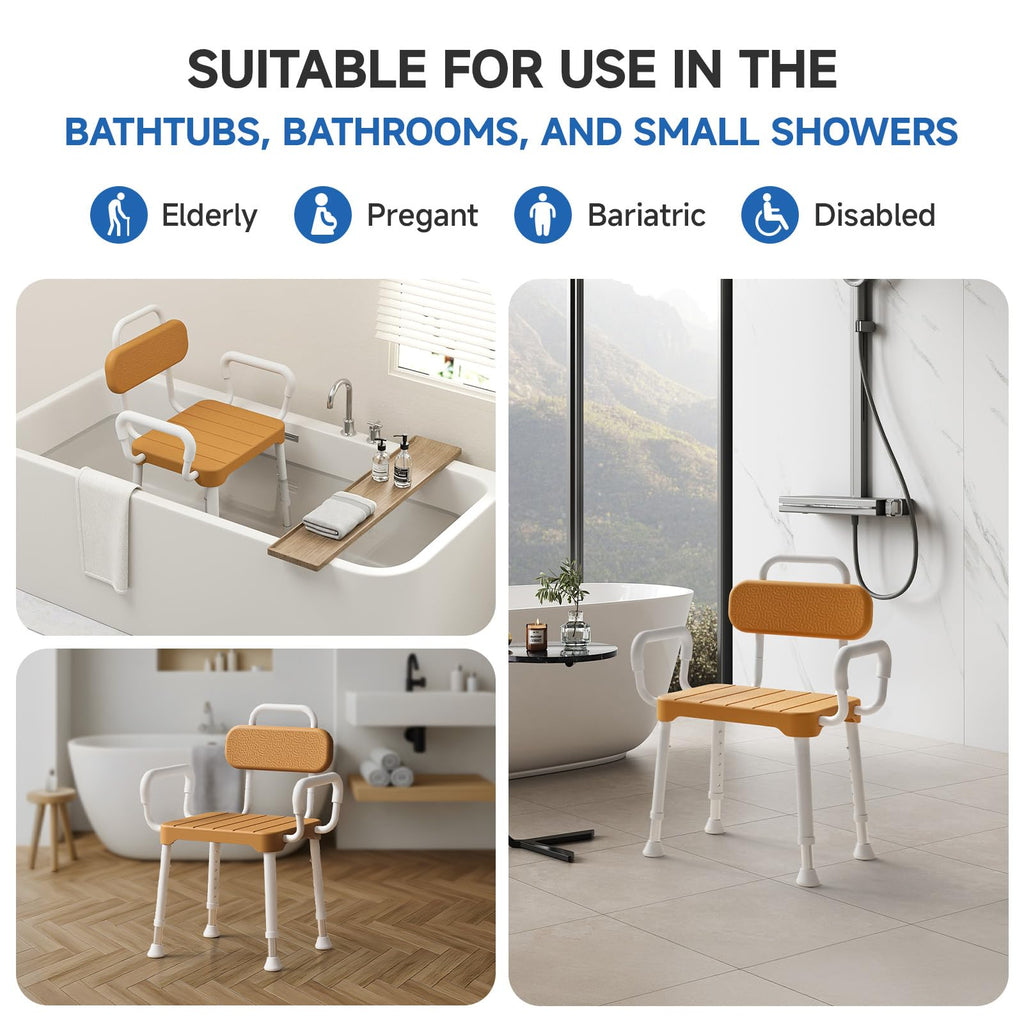 Loyoda Shower Chair for Inside Shower ，Bath Chair with Arms and Back,Aluminum Shower Stool for Tub,Slip Resistant Shower Bench,Height-Adjustable Shower Seat with Padded Handles for Seniors，Brown