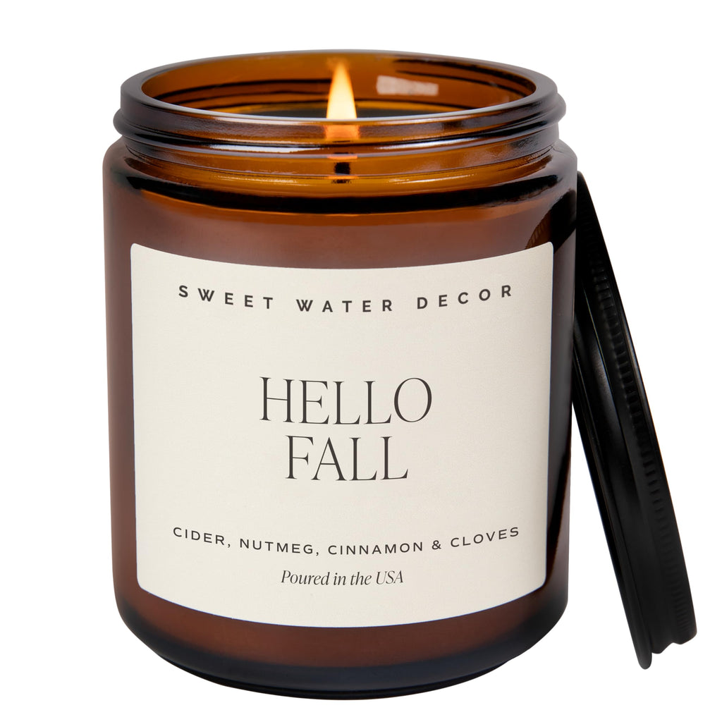 Sweet Water Decor Hello Fall Candle, 9oz Amber Jar, Autumn Scents for Home