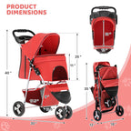 Magshion 3-Wheel Pet Stroller, Foldable Travel Jogger for Small & Medium Dogs & Cats (Up to 33lbs), Lightweight Carrier with Breathable Mesh Cover, Cup Holder & Storage Basket, Red