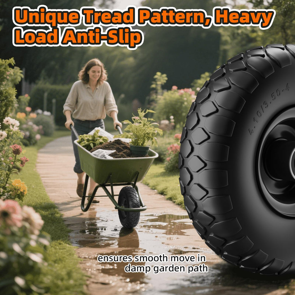 RONPOW 4.10/3.50-4 Flat Free Tire, 10 Inch Solid Tires, 500Lb Heavy Duty Replacement Wheel with 5/8" Bearings, Compatible with gorilla Cart, Garden Carts, Dump Wagons, Dolly & Hand Trucks, 2Pack Black