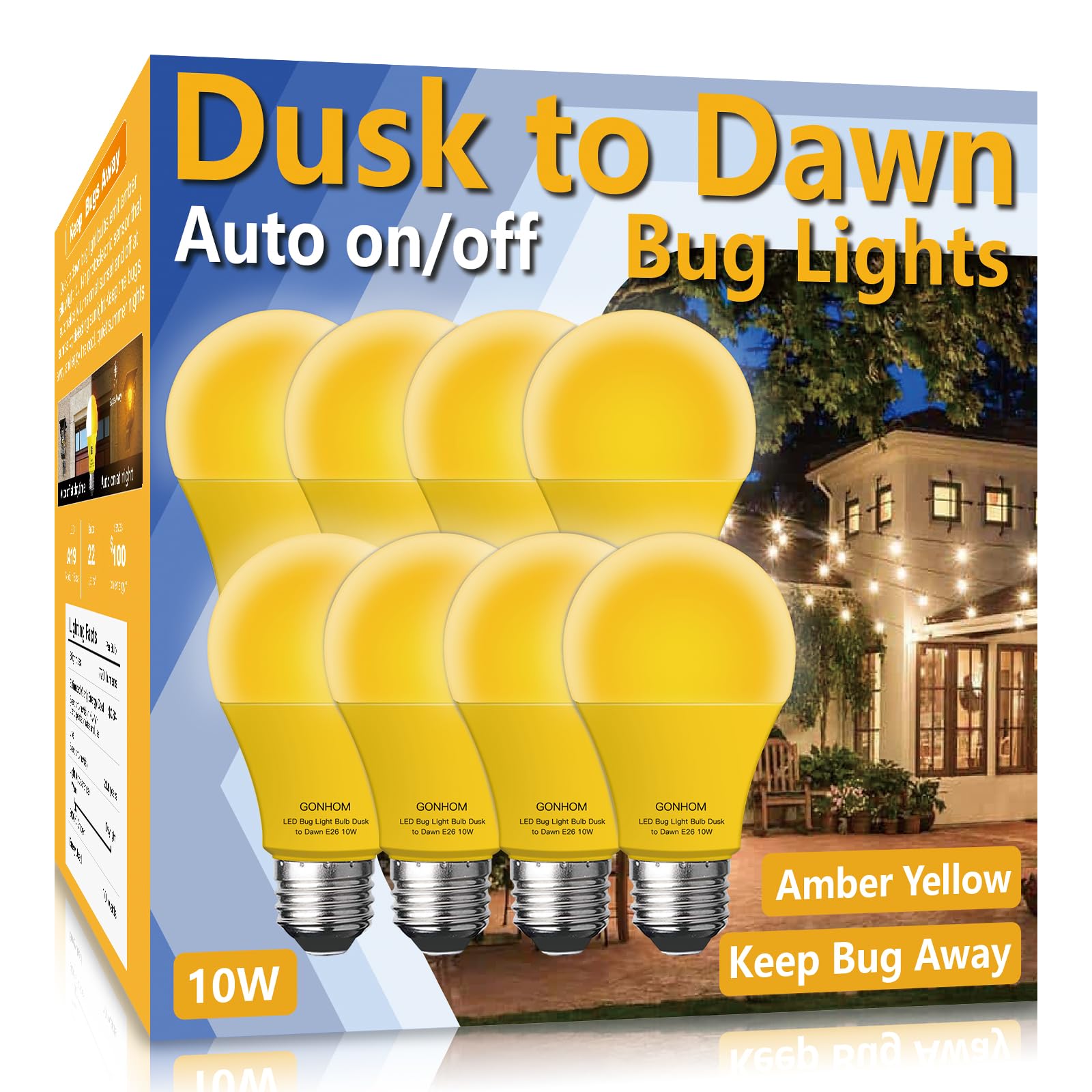 Gonhom Dusk to Dawn Bug Light Bulb Outdoor,8 Pack Amber Bug Light Bulb,Auto On/Off,10W(100W Equivalent),E26 Base,Bug Lights for Outside.Home Hallway Porch Lights.Decorative Lamps.Bedroom