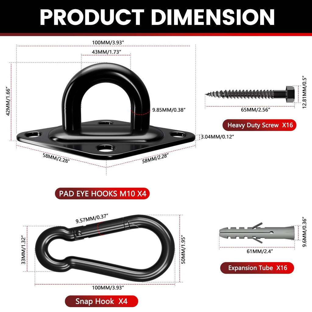 sprookber 304 Stainless Steel Pad Eye Snap Hooks, M10 Heavy Duty Ceiling Hook, 1700lb Capacity Hammock Swing Hanging kit, Plant Hangers, Marine Hardware Staple Hook Loop with Screws, Set of 8(Black)