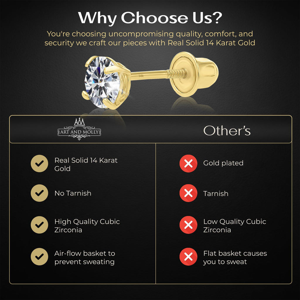 14k Yellow Gold Solitaire Round Cubic Zirconia Stud Earrings Basket-set CZ with Screw On Secure Screw-backs, 4mm