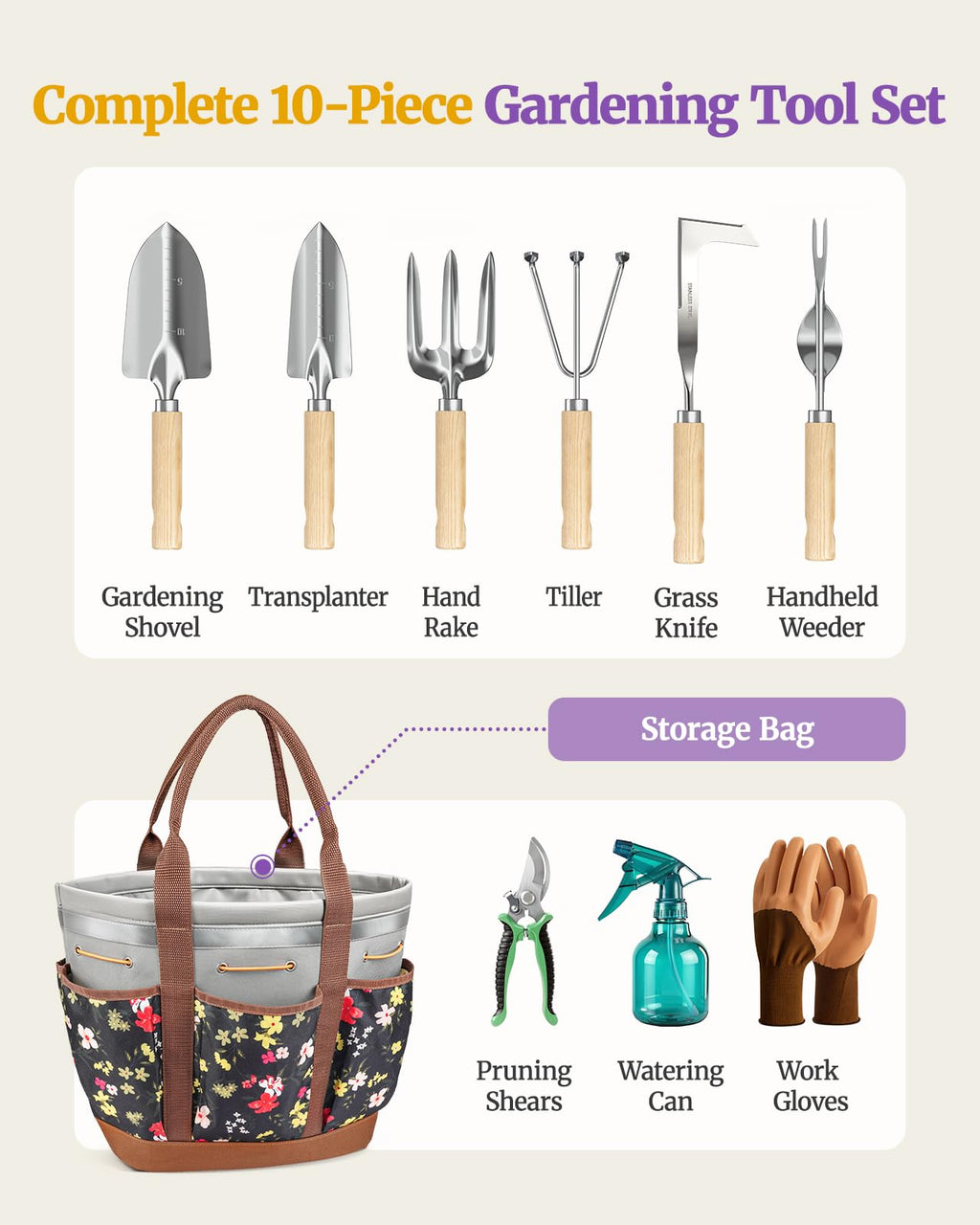 Floraxa 10Pcs Garden Tool Set, Rust-Proof Stainless Steel, Ash Wood Handles