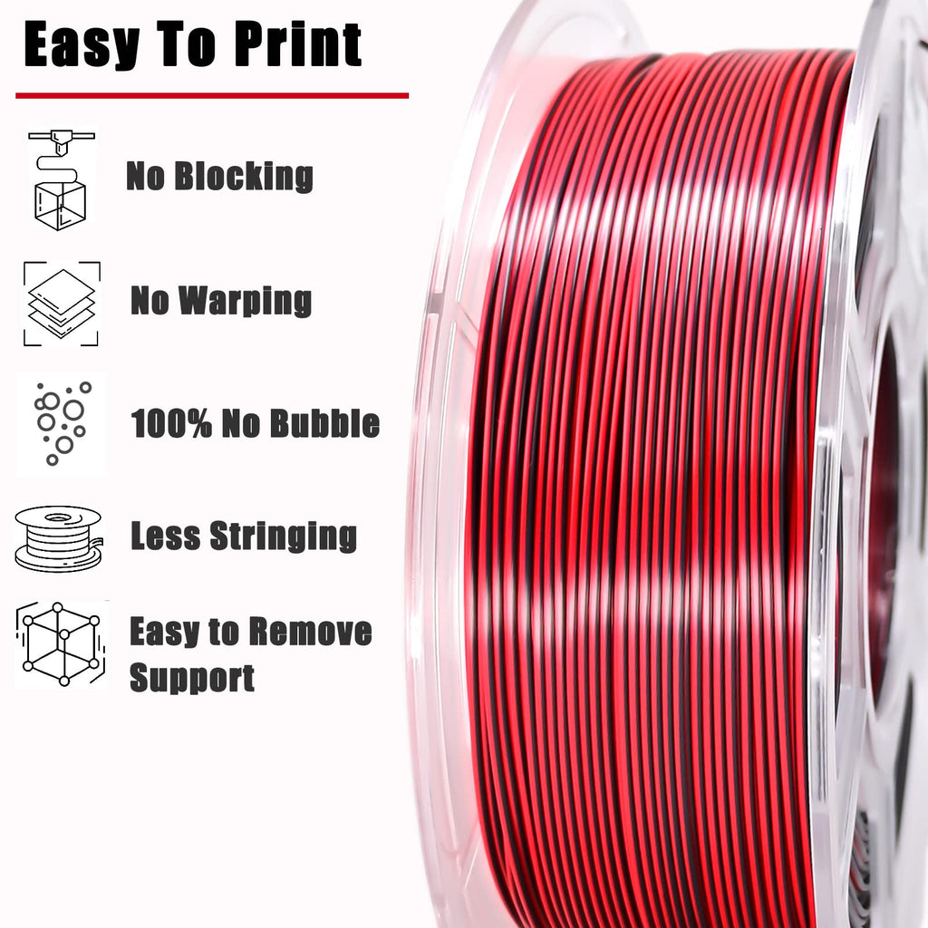 LOCYFENS PLA Filament 1.75mm, Silk PLA 3D Printer Filament, High Speed Printing Dual Color Filament Black Red 2 in 1 Coextrusion 1.75 PLA Filament +/-0.02mm, 1kg/2.2lb