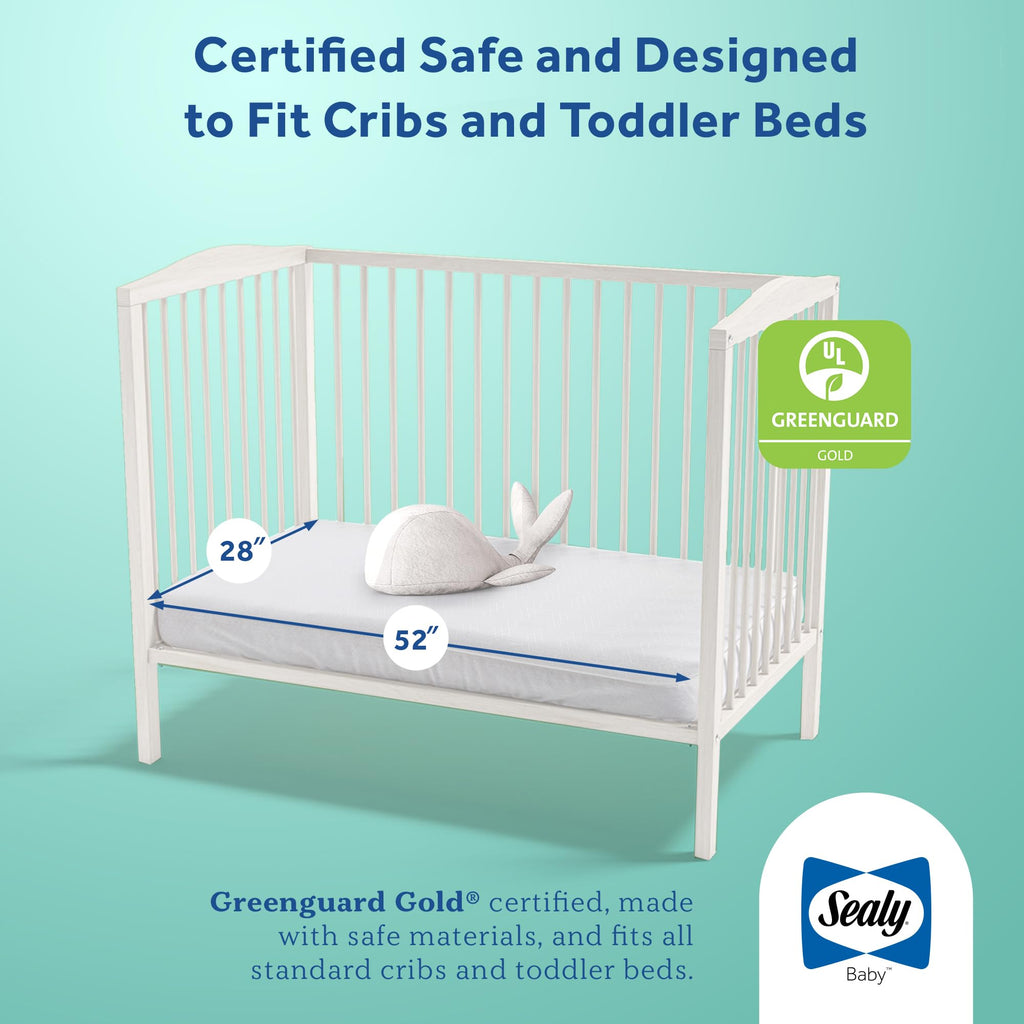 Sealy Baby Perfect Rest Waterproof Crib Mattress plus Toddler Bed Fit, Premium 150 Extra Firm Coils, Non Toxic, Airy Cushioning, GREENGUARD Gold Certified, Safety & Quality Tested, Made in USA, 52X28"