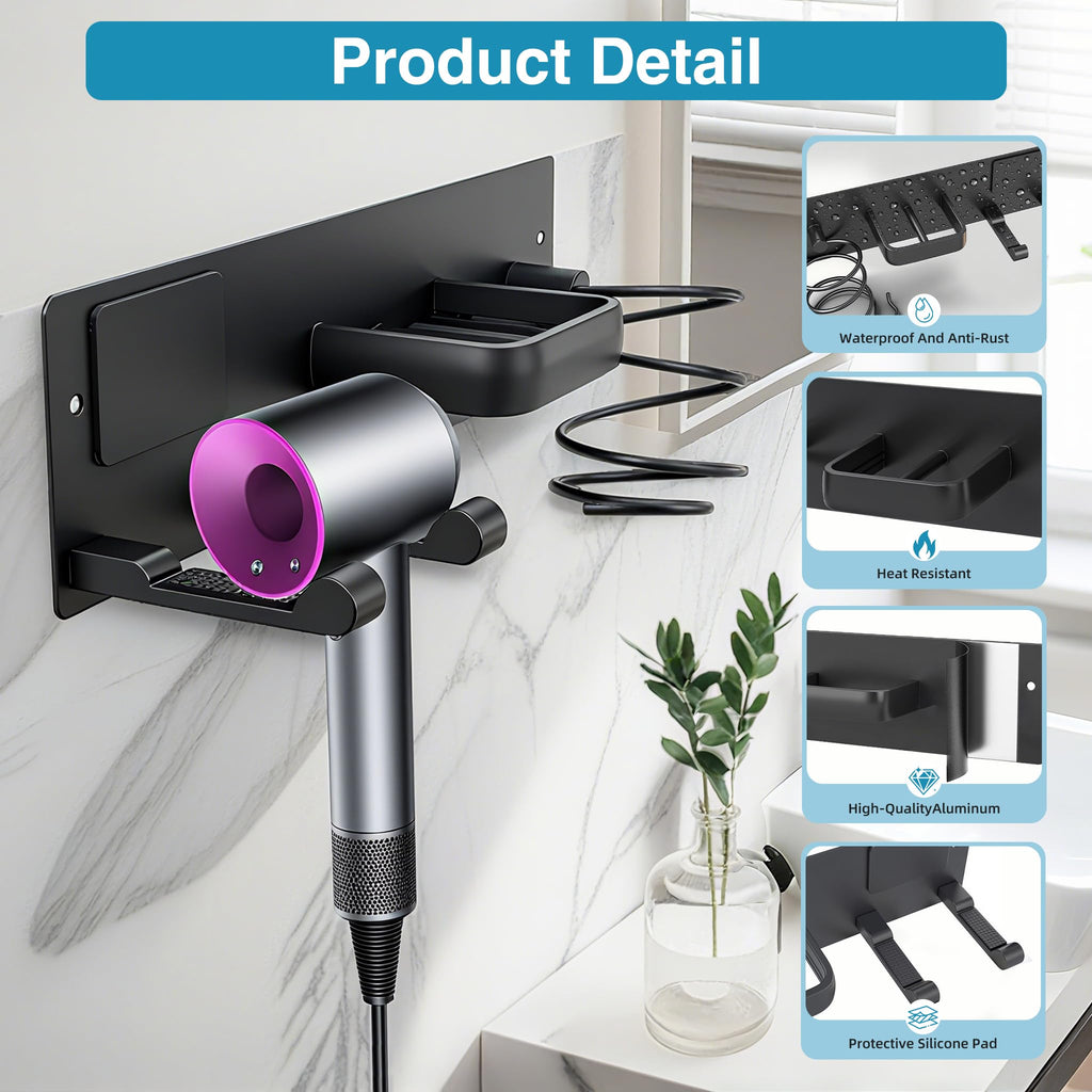 Dovyn Blow Dryer Holder Wall Mount, 3 in 1 Bathroom Hair Tool Organizer with Curling Iron Holder & Flat Iron Holder, Universal Hair Dryer Holder Rack Storage Matte Black