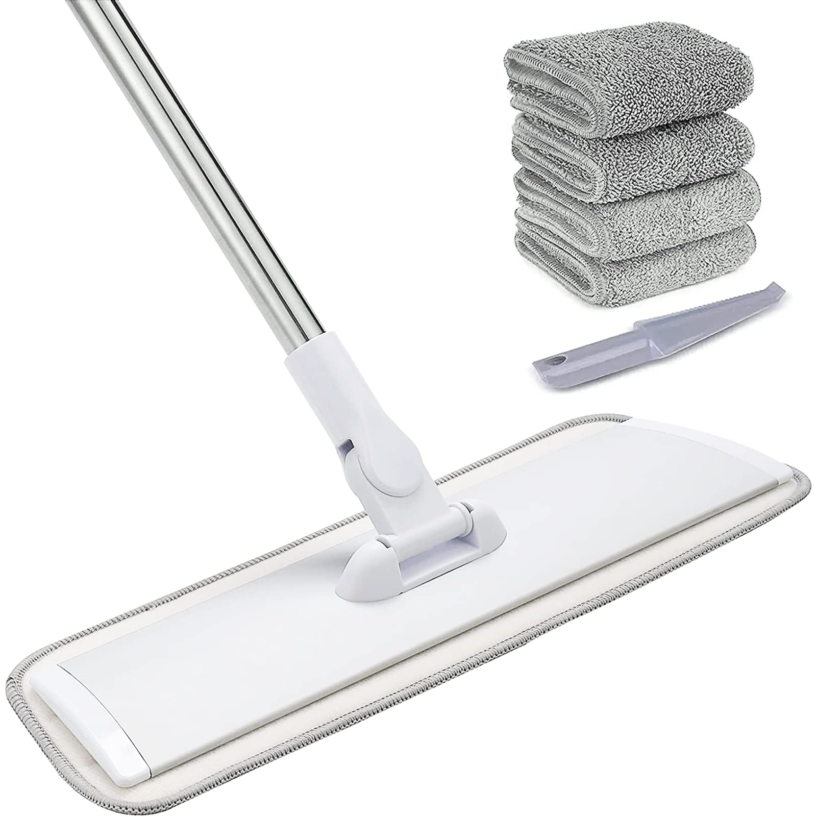 18" Professional Microfiber Mop Floor Cleaning System, Flat Mops with Stainless Steel Handle, 4 Reusable Washable Mop Pads, Wet and Dust Mopping for Hardwood, Vinyl, Laminate (White&Grey)