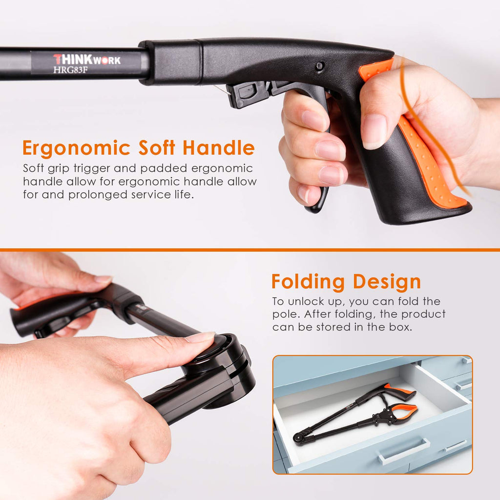 THINKWORK Grabber Reacher Tool, 0°-180° Angled Arm, 90° Rotating Head, 32” Foldable Claw Grabber with"LED Light", Garbage Collector, Arm Extension Picker for Elderly, Pregnant Women&Sanitation Workers