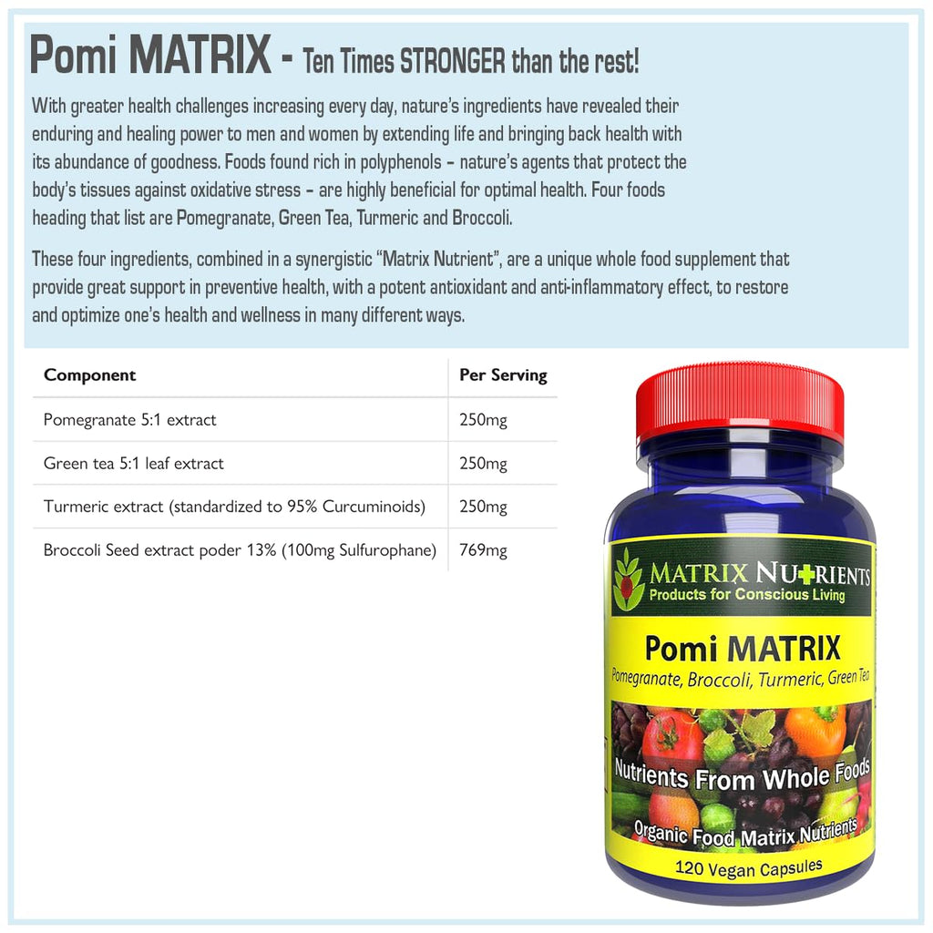 POMI Matrix - 10 Times Stronger Than The Competition! - Lower PSA Levels - See Our LAB Results! - 100% Natural Ingredients: Pomegranate, Green Tea, Turmeric, Broccoli - Vegan Capsules