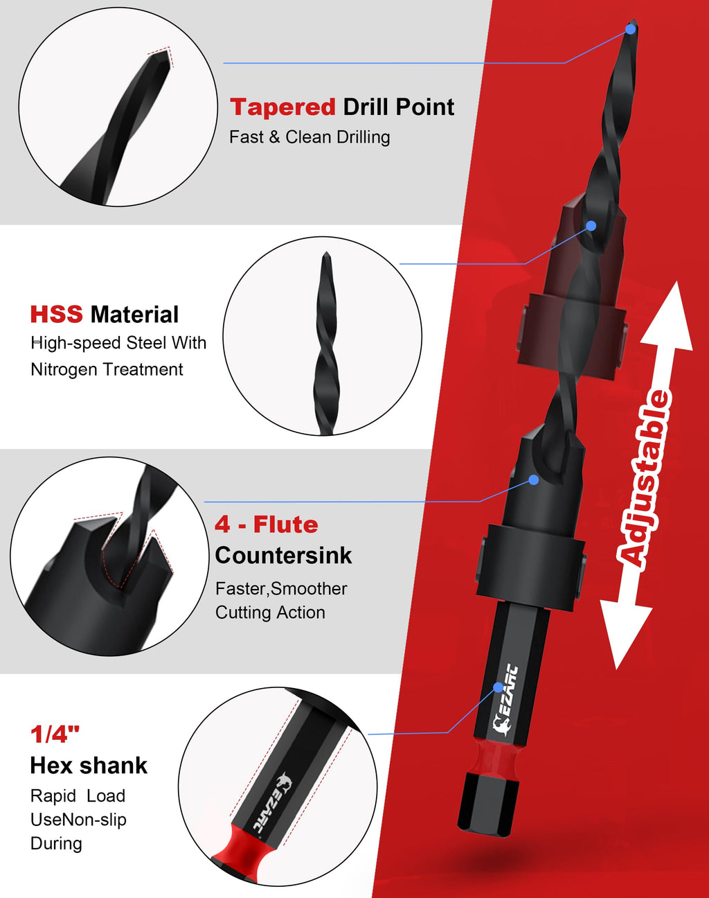 EZARC Countersink Drill Bit Set, 15 PCS Tapered Drill Bits Counter Sink Drill Bit with 2PCS Wood Plug Cutter 1/4" Hex Shank Quick Change for Woodworking with Storage Box