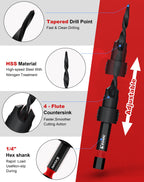 EZARC Countersink Drill Bit Set, 15 PCS Tapered Drill Bits Counter Sink Drill Bit with 2PCS Wood Plug Cutter 1/4" Hex Shank Quick Change for Woodworking with Storage Box