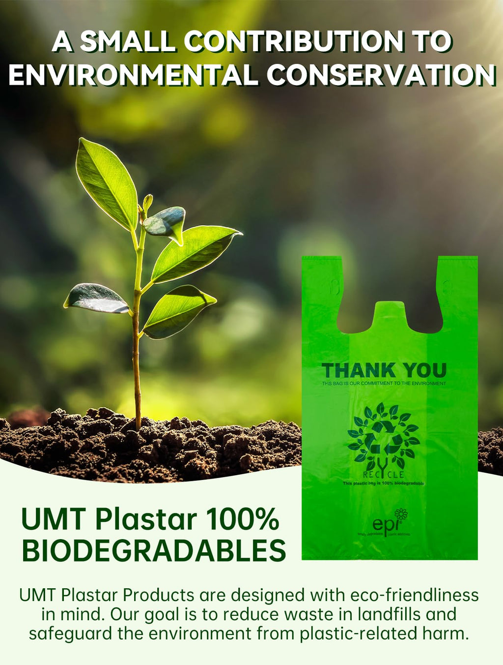 [100 per box] | Recyclable Compostable Reusable Biodegradable Plastic T-Shirt Bags | Grocery Shopping Bags | Green Eco Plastic Bags (100 per Pack) | T-Shirt Carryout Bags 100 count Restaurant Quality, Durable, Reusable and Econ Friendly | Measures 11. 5"