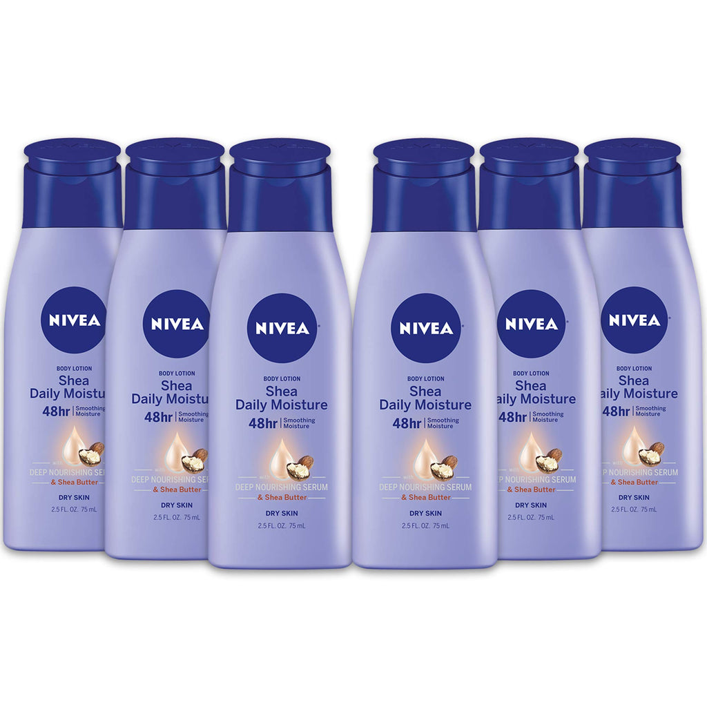 NIVEA Shea Nourish Body Lotion for Dry Skin with Hyaluronic Acid, Shea Butter and Deep Nourishing Serum, 48-Hour Body Moisturizer, 2.5 Fl Oz Bottle, Pack of 6