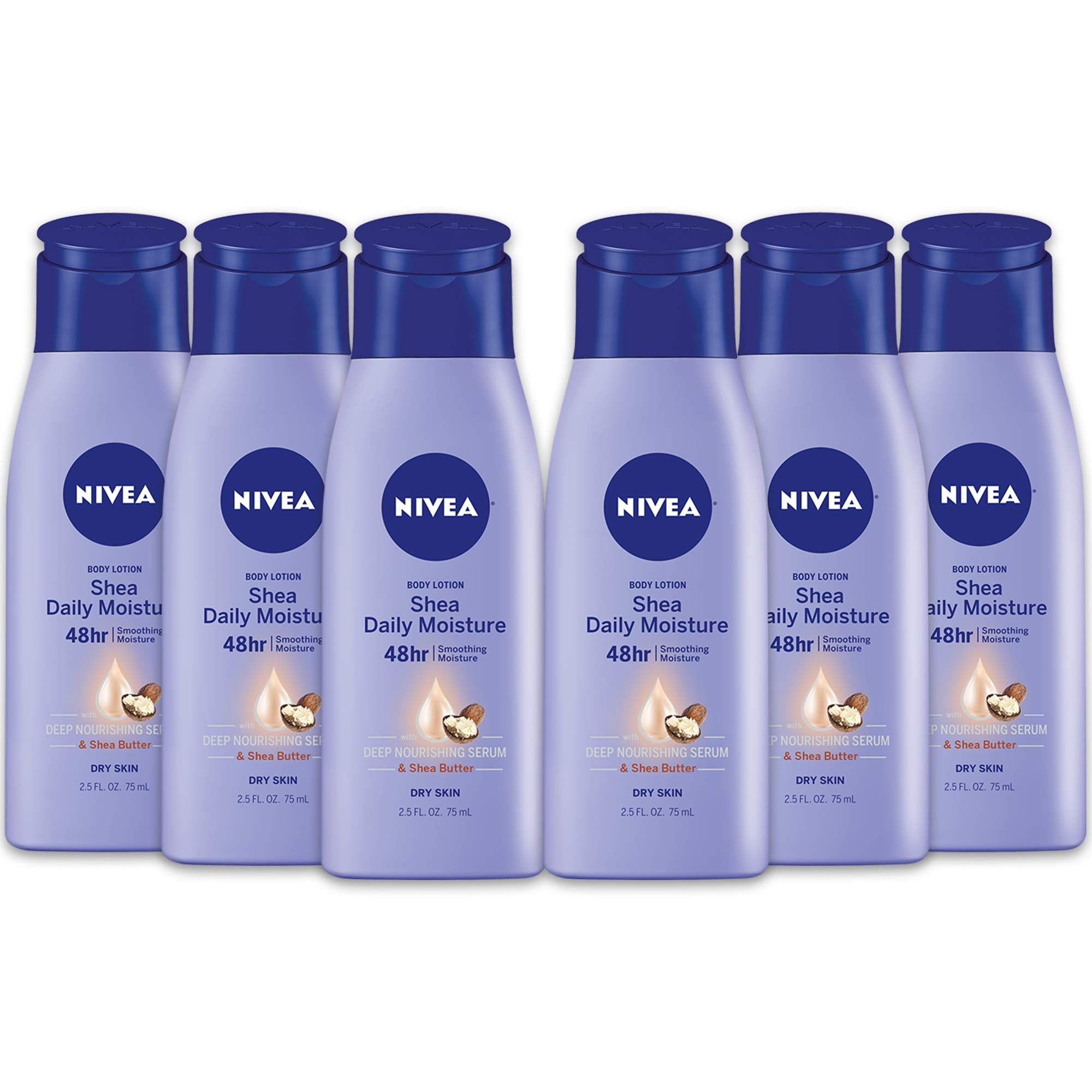 NIVEA Shea Nourish Body Lotion for Dry Skin with Hyaluronic Acid, Shea Butter and Deep Nourishing Serum, 48-Hour Body Moisturizer, 2.5 Fl Oz Bottle, Pack of 6