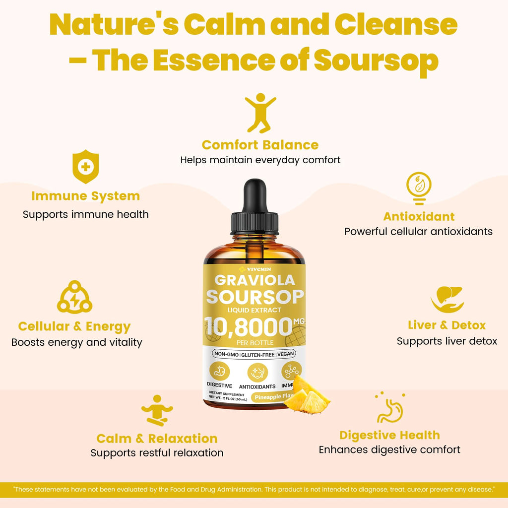 vivcmin Graviola Soursop Leaf Extract Liquid - Soursop Bitters Liquid, Support Immune, Relax, Liver and Sleep, Sugar & Alcohol-Free, Highly Absorbable Formula, Pineapple Flavor, 2 Fl Oz