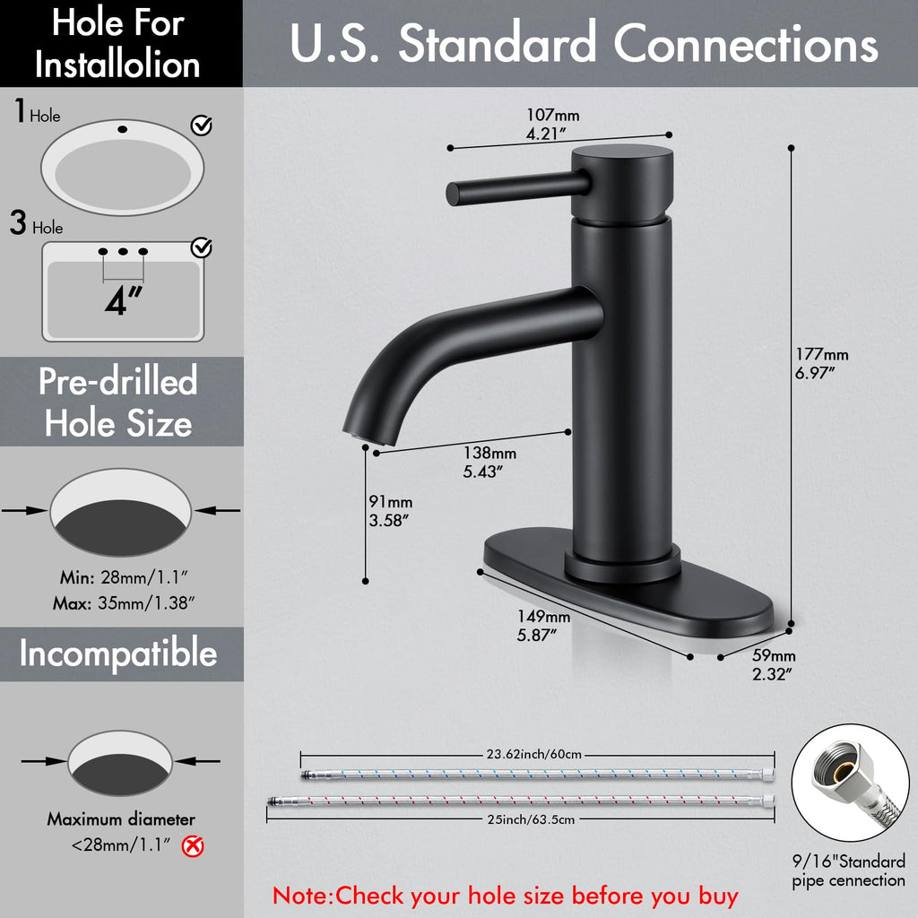 WINKEAR Black Bathroom Faucet, Single Hole Bathroom Faucet Stainless Steel