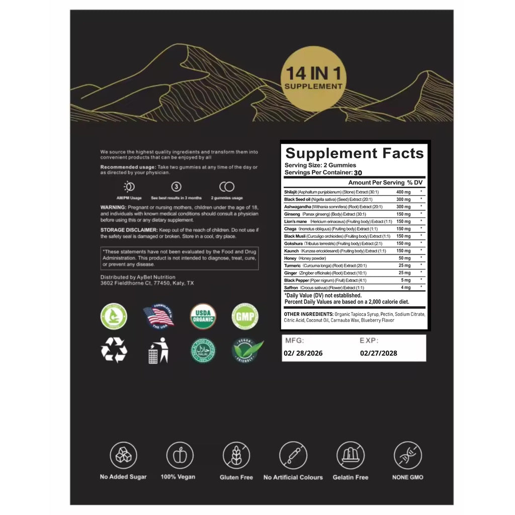 AyBet Organic Himalayan Shilajit Gold Gummies for Men and Women, Black Seed Oil, Ashwagandha, Ginseng, Turmeric, Gokshura, Lion's Mane, Lab Tested, No Sugar Added, Halal, 60Gummy