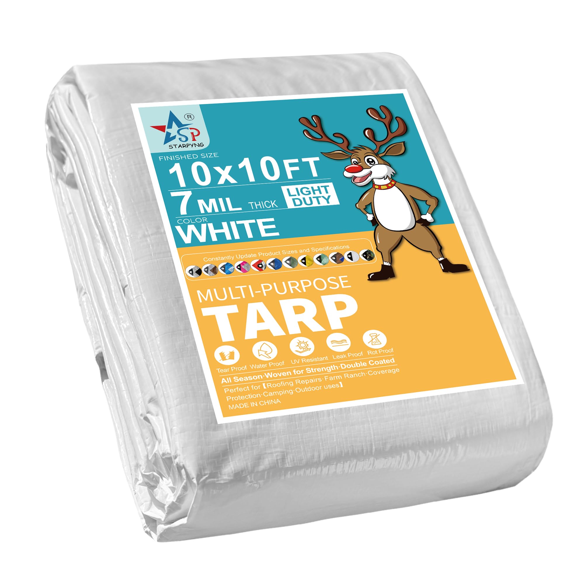 STARPYNG-7 Mil White 10x10 Feet Tarp-Multifunctional White Waterproof Tarpaulin-Waterproof, UV Resistant, Rip and Tear Resistant, Poly Tarpaulin with Reinforced Edges for Cover