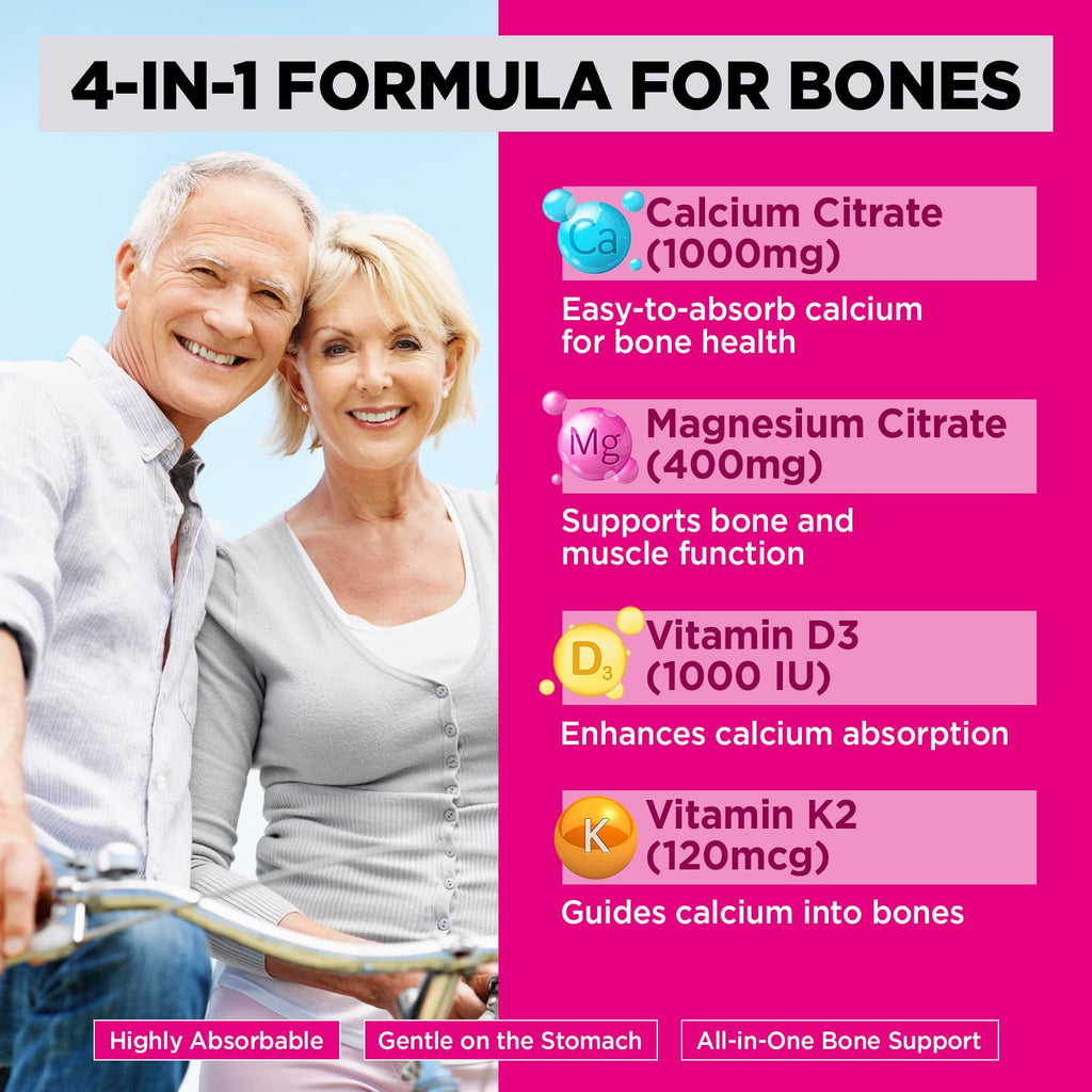 Yutiny Calcium Citrate Filled Gummies, Extra Absorption Calcium Citrate 1000mg with Vitamin D3, K2 & Magnesium, Chewable Supplement for Bone, Muscle Health, 60 Count