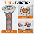 Blazeavian Solid Brass Body 3-in-1 Kitchen Sink Drain Strainer & Stopper, Heavy Duty Pop Up Plug Assembly with 2 Baskets, Anti-Clog Replacement for US Standard 3-1/2 Inch Drains, Rust-Proof Silver