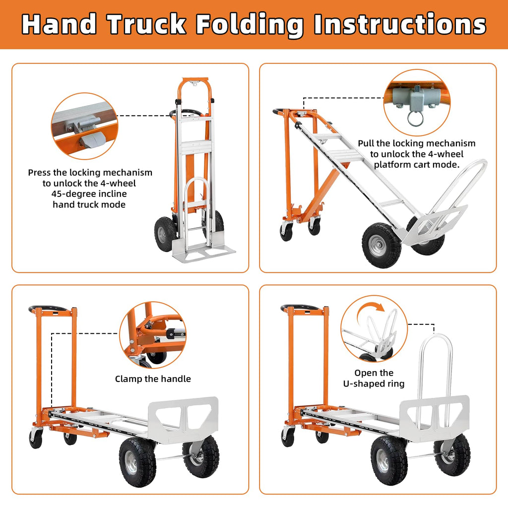 Aluminum 4 in 1 Convertible Hand Truck Dolly, 1000Lbs Capacity, Heavy Duty Folding Hand Truck Dolly Cart with Wheels 10" All-Terrain Tires, Hand Trucks for Logistics, Moving Home, Shopping, Office