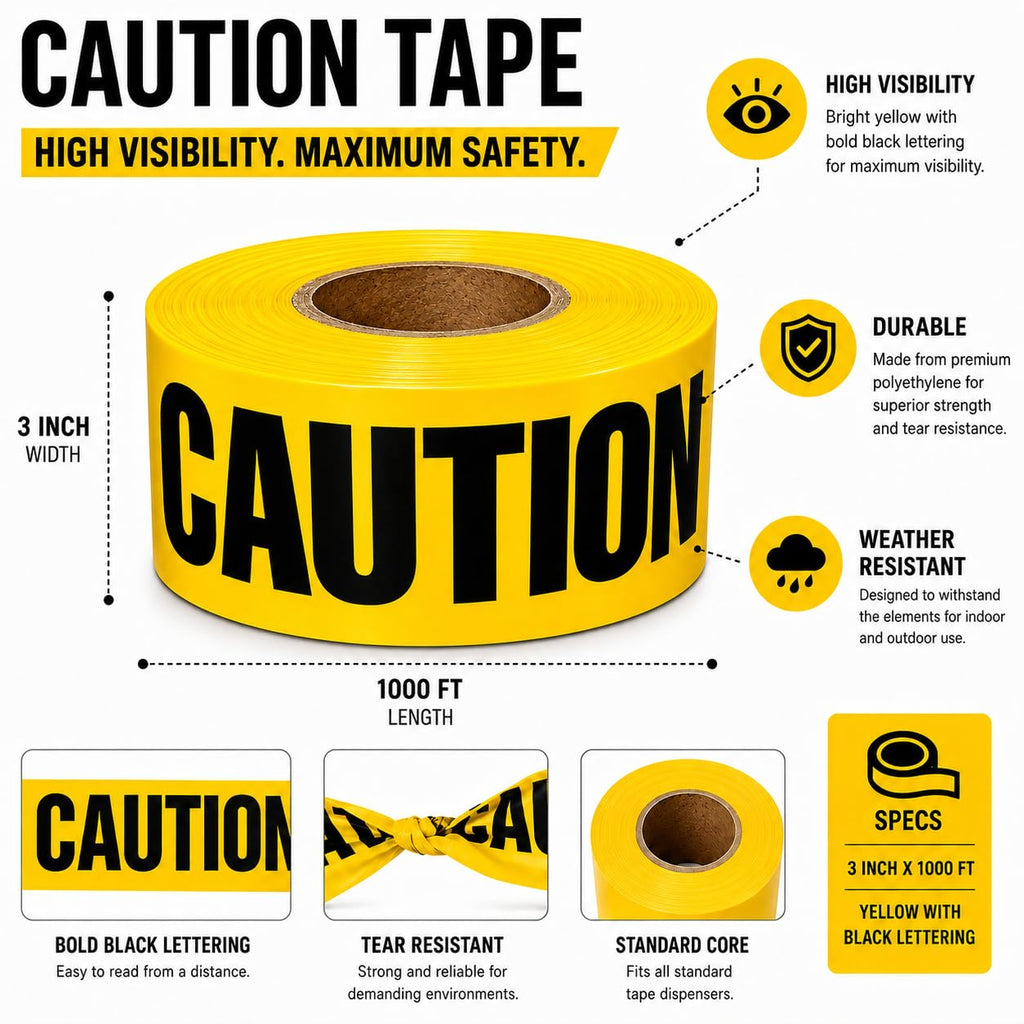 ATERET Premium Yellow Caution Tape I 3 inch x 1000 feet I Harzard Tape w/Bright Yellow & Bold Black Text I 3" Wide for Maximum Readability I Ideal Use for Danger/Hazardous Areas (1-Pack)