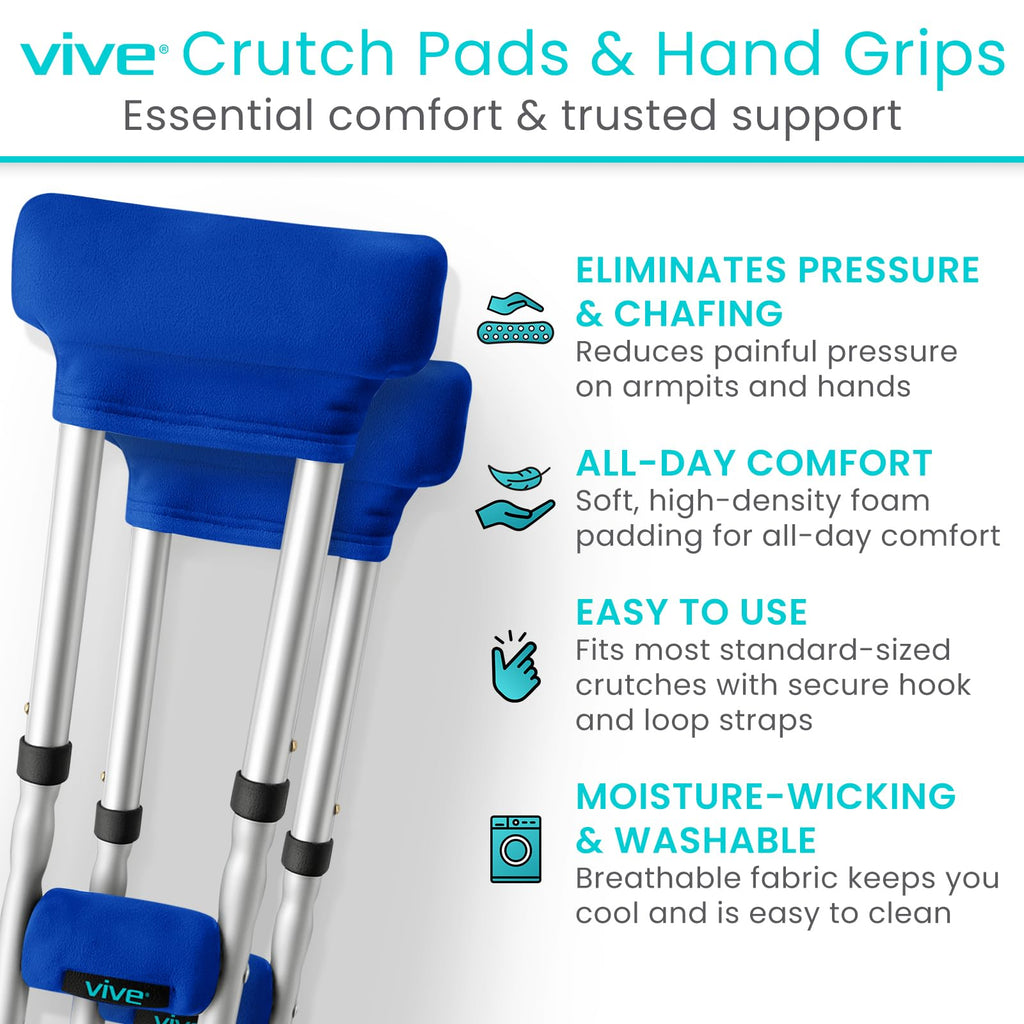 Vive Premium Crutch Pads & Hand Grips - Comfortable, Breathable, Machine Washable Padding - Moisture Wicking & Odor Reducing Pillow Accessory Covers for Adult & Youth Walking Crutches
