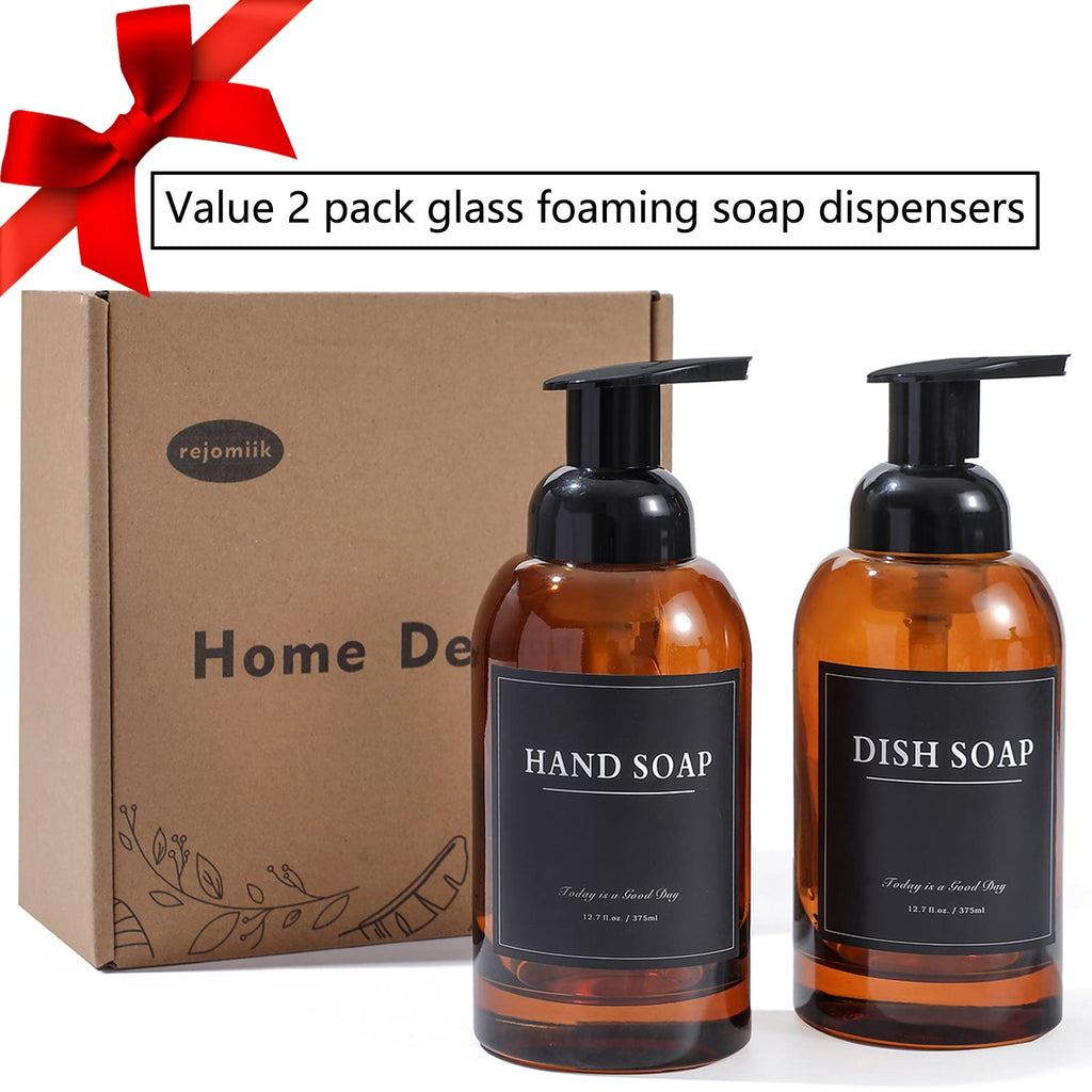 2 Pack Foaming Soap Dispenser, 12.7 Oz Thick Glass Pump, Amber