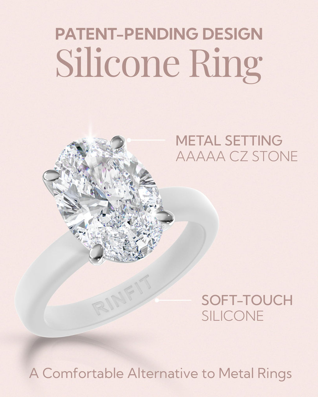 Rinfit Thin Silicone Ring for Her, Oval Cut CZ Stone - Wht/Sil, Size 6