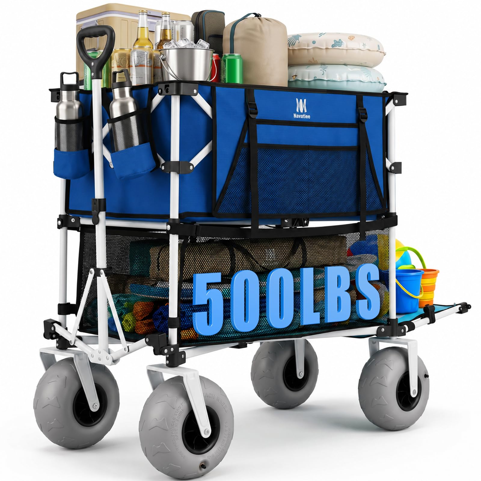 Navatiee 500Lbs Double Decker Wagon, 400L Large Capacity Heavy Duty Beach Cart with 9" Balloon Wheels for Sand, Folding Collapsible Wagon with Side Pocket for Beach, Sport, Camping, Blue